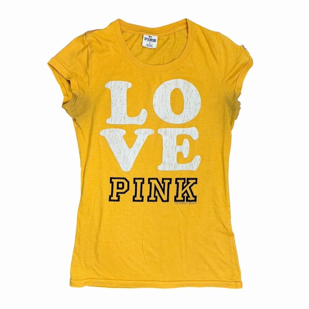 Victoria's Secret PINK Y2K Vintage 2007 Love Pink Yellow Tee Small
